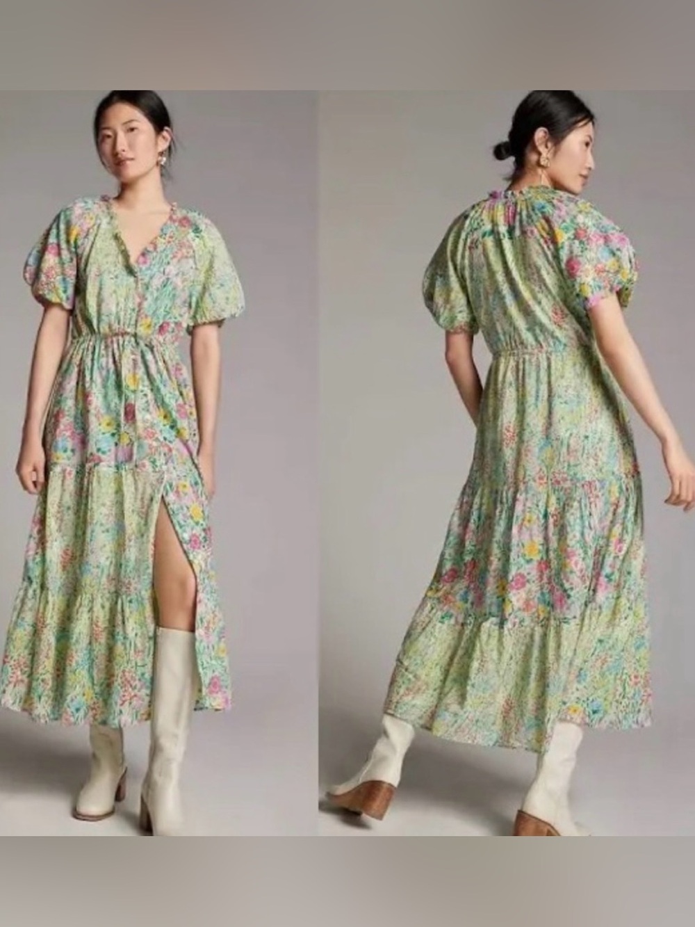 Banjanan Poppy Button Midi Dress In Pistachio Green Floral Puff Sleeve Small   B